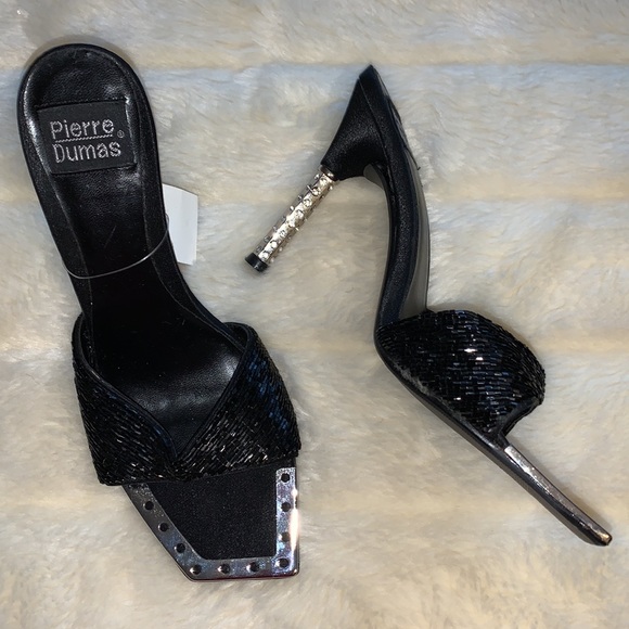 Pierre Dumas jewelled silver heel black beaded kitten slides heels 7 - Picture 5 of 11